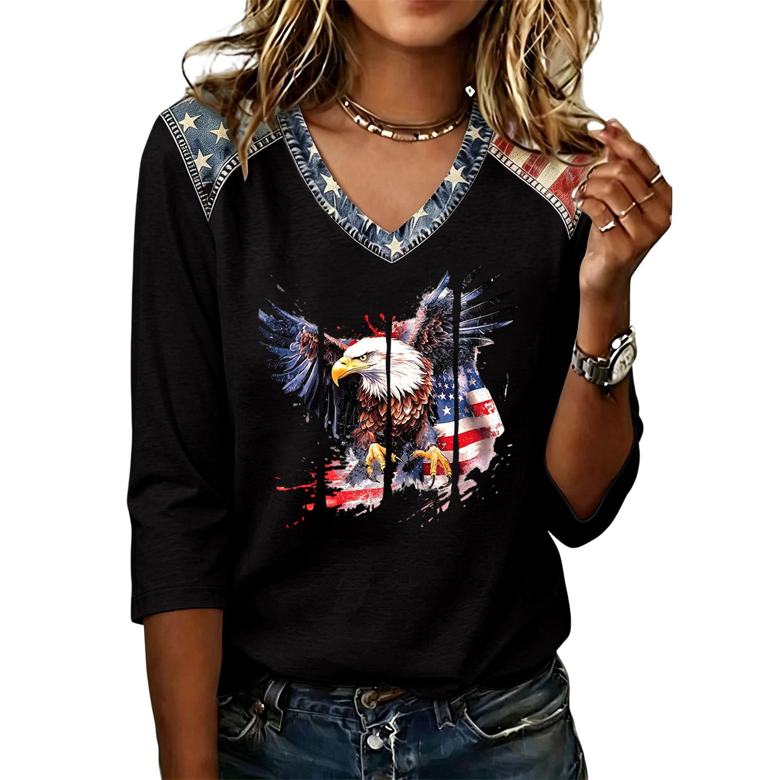 

Women Casual Independence Day Graphic Top V Neck Three Quarter Sleeve Lightweight Pullover Patriotic Print Shirt L чёрный