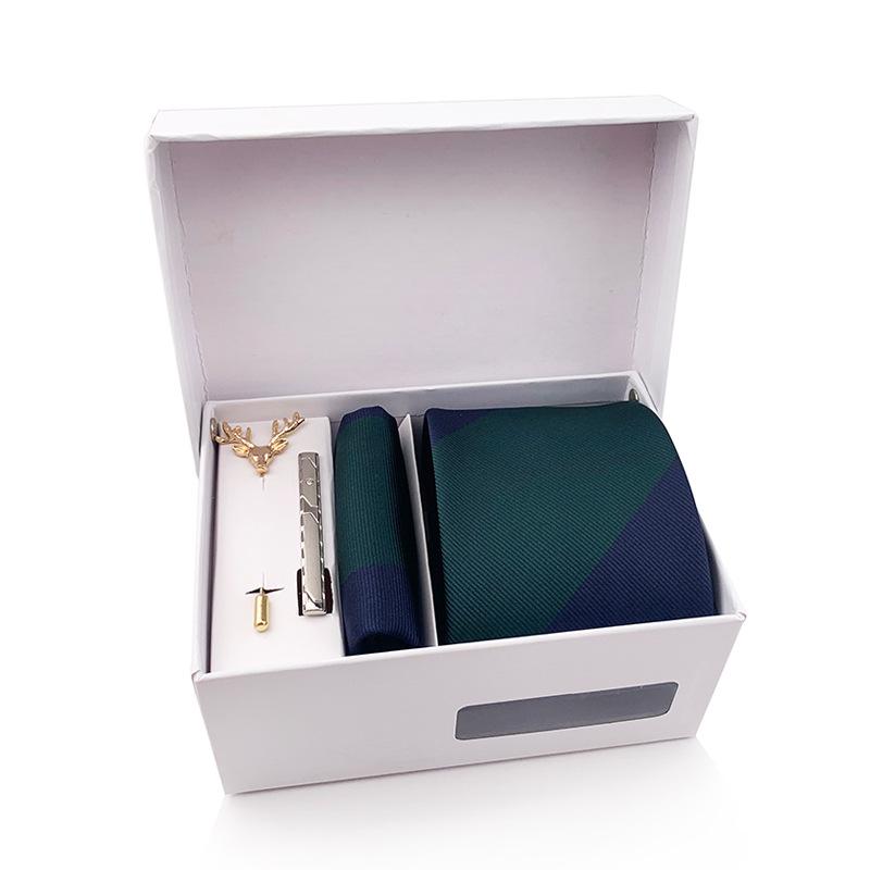 Pánská dárková krabička s pruhovanou kravatou, 6dílná sada, manžety na kapesní ručník na kravatu