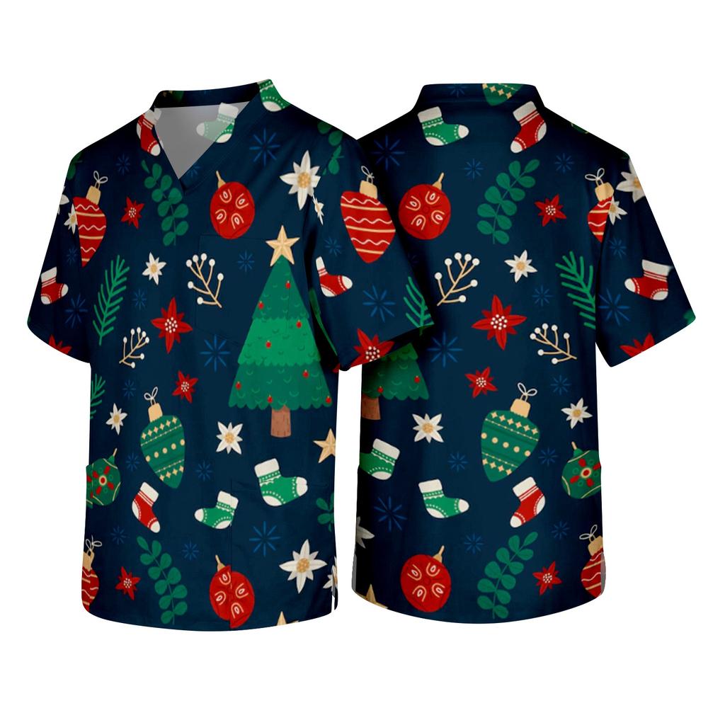 Men's Christmas Theme Caregiver Uniform, Holiday Scrub Top for Nurses and Workers