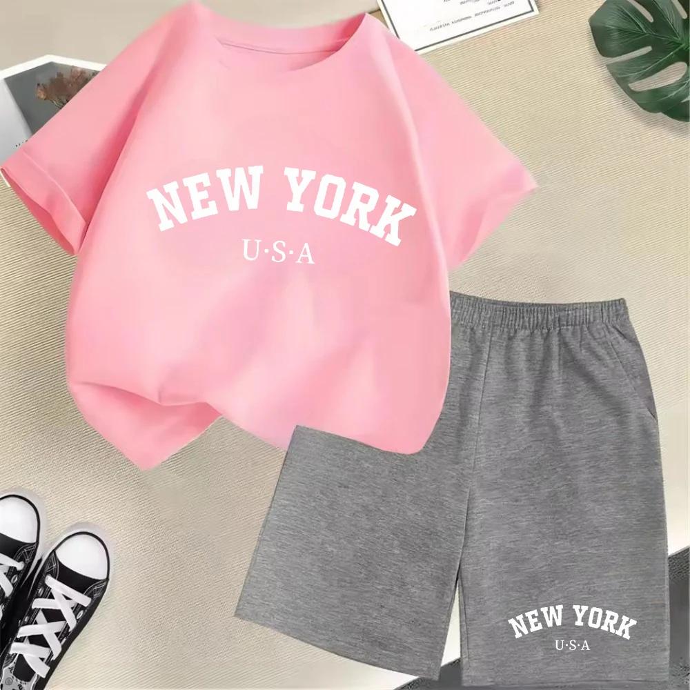 2026 New Kids Boys Girls New York Letter Pattern Polyester T-shirt+Shorts 2-Piece Set Casual Daily
