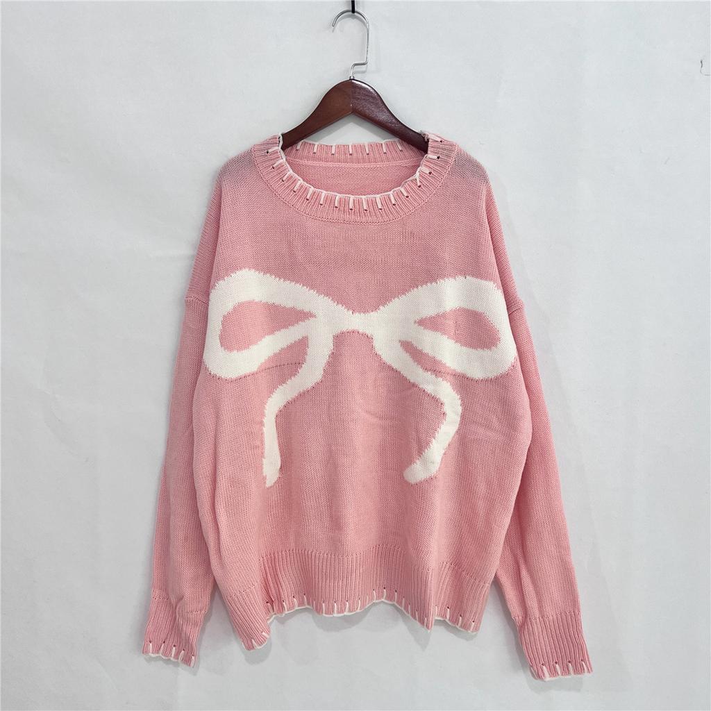 Women's Bow Jacquard Sweater Autumn/Winter Lazy Style Loose Warm Comfortable Hooded Knitted Sweater 3617