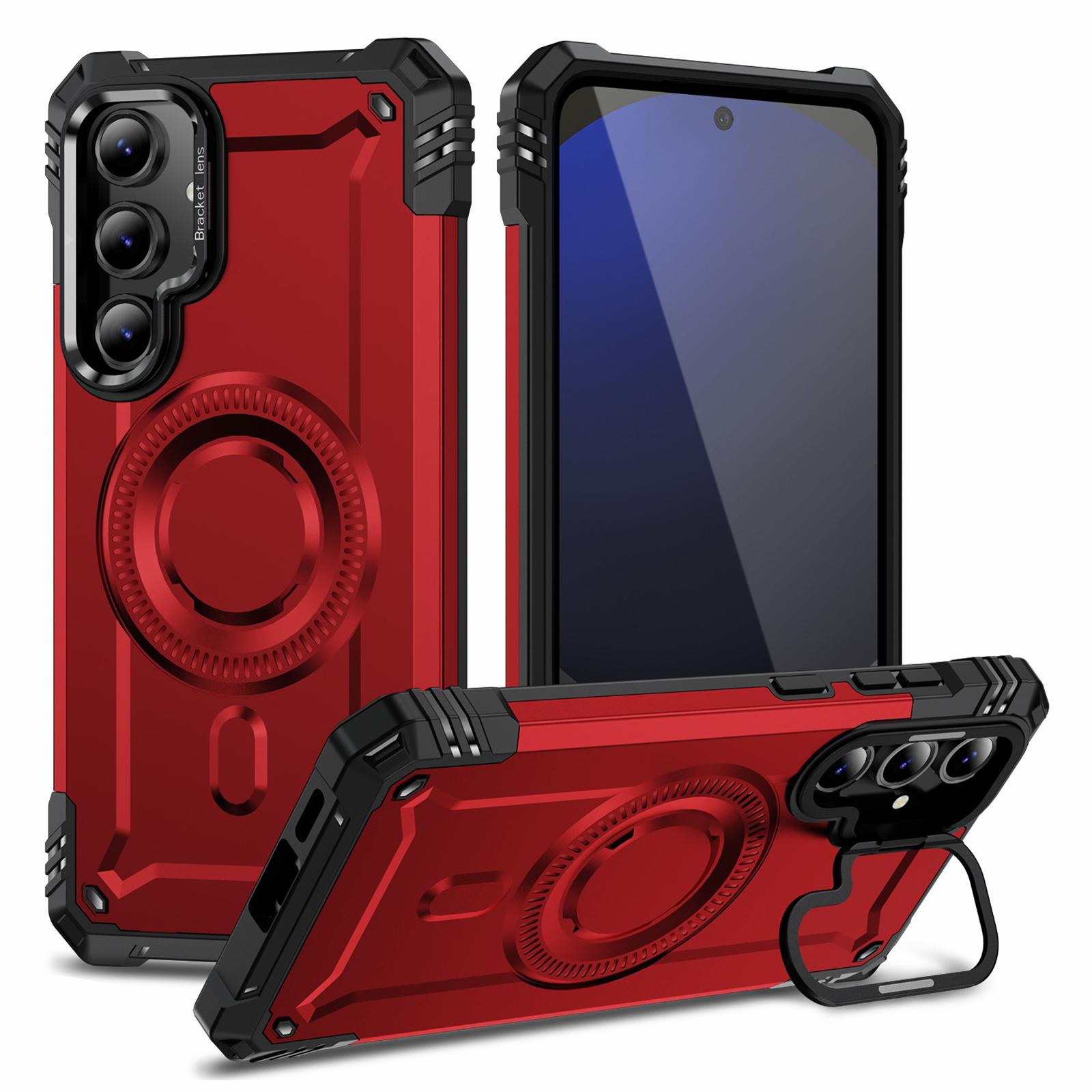 

For Samsung Galaxy S24 FE Magnetic Case Metal Lens Frame Kickstand PC+TPU Mobile Cover B