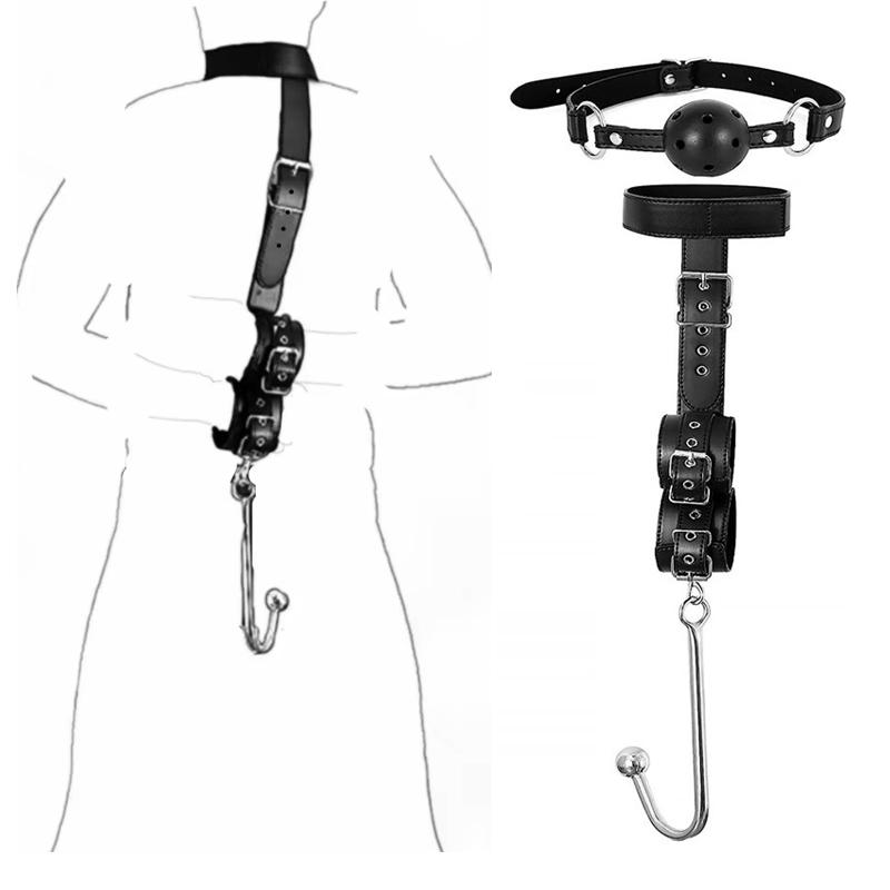 BDSM Metal Anal Hook Mouth Gag PU Leather Collar Neck To Wrist Restraints Kits Bondage Sex Toy Women Adjustable Back Handcuffs