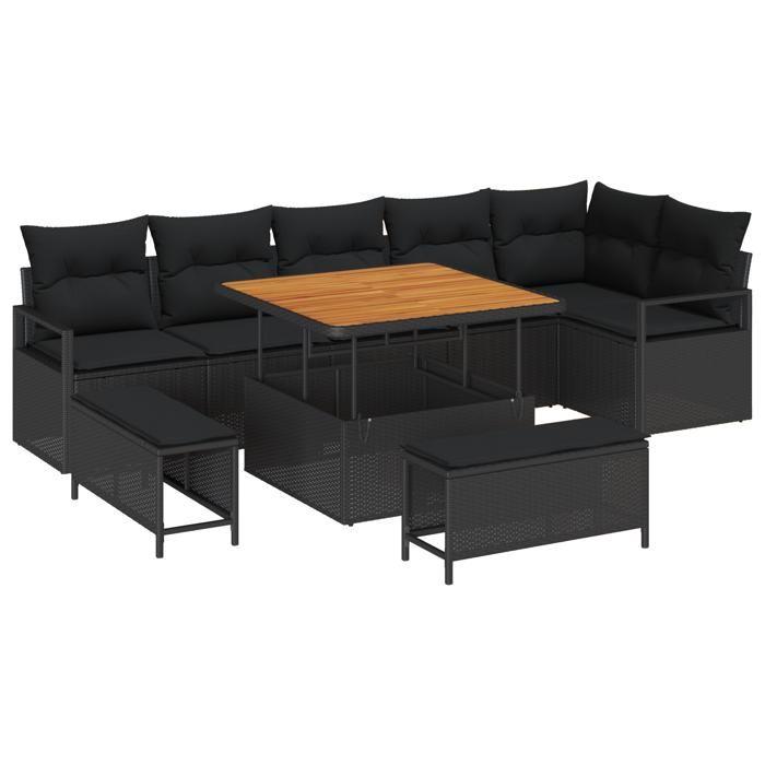 VidaXL Ensemble de 9 pièces de sofa de jardin avec coussins noir poly rotin acacia 3362534