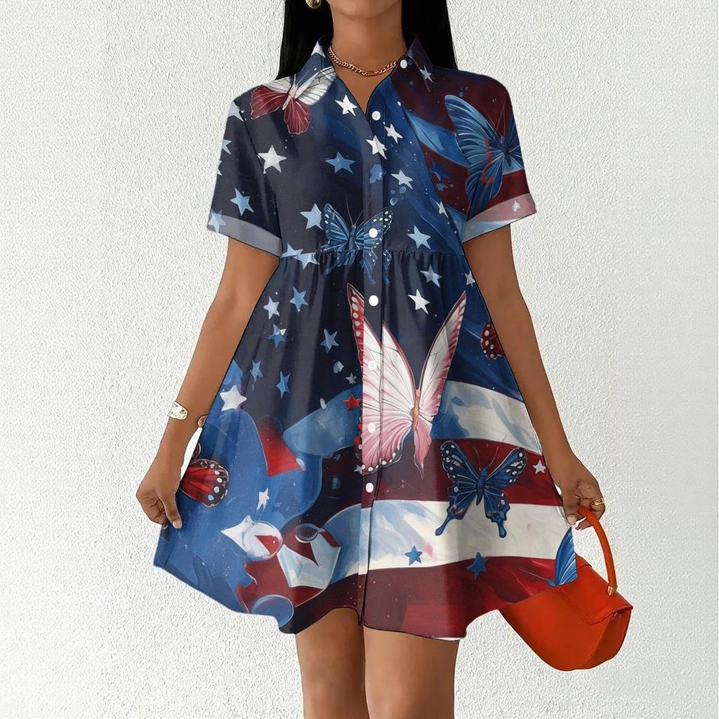 Women's Casual Loose Fit Shirt Dress Button Front Short Sleeve Collar Dress Independence Day Print Summer Dress