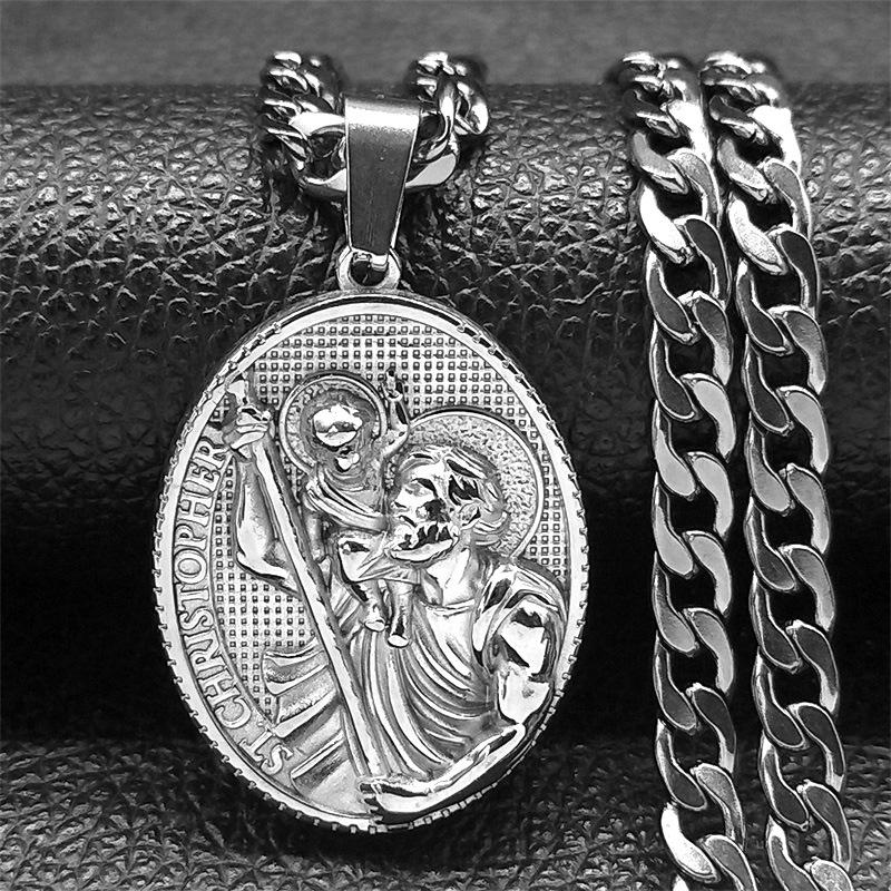 St. Christopher Protect Us Medal Necklace St. Christopher Titanium Steel Gold Plated Necklace