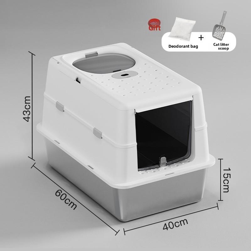 Stainless Steel Closed Cat Litter Box, Fully Closed Flip, Oversized, Heightened and Thickened Anti-splash Top-entry Cat Toilet