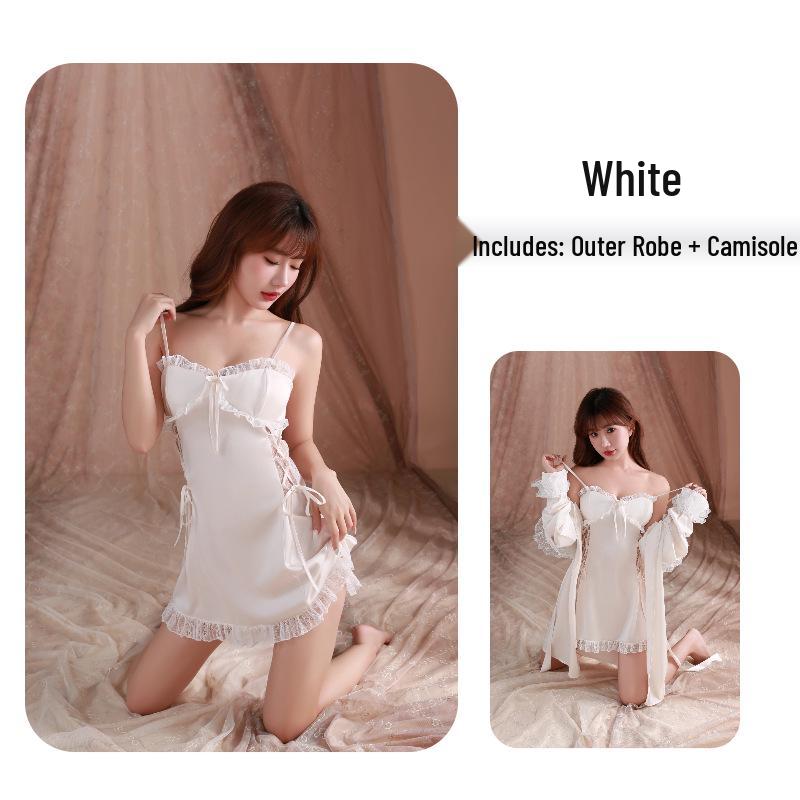 

Женская шелковая пижама Butterfly Muse с нагрудными вкладышами, кружевной майкой во французском стиле и халатом (A543) L