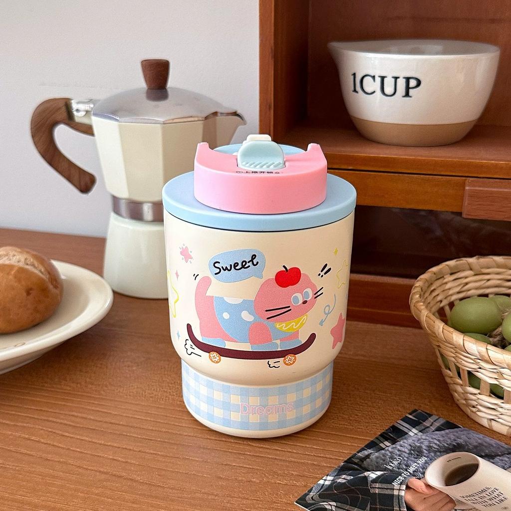 Children's Cartoon Double Drink Thermos Cup 316 Stainless Steel Coffee Cup Female High Value with Straw Portable Pocket Water Cup