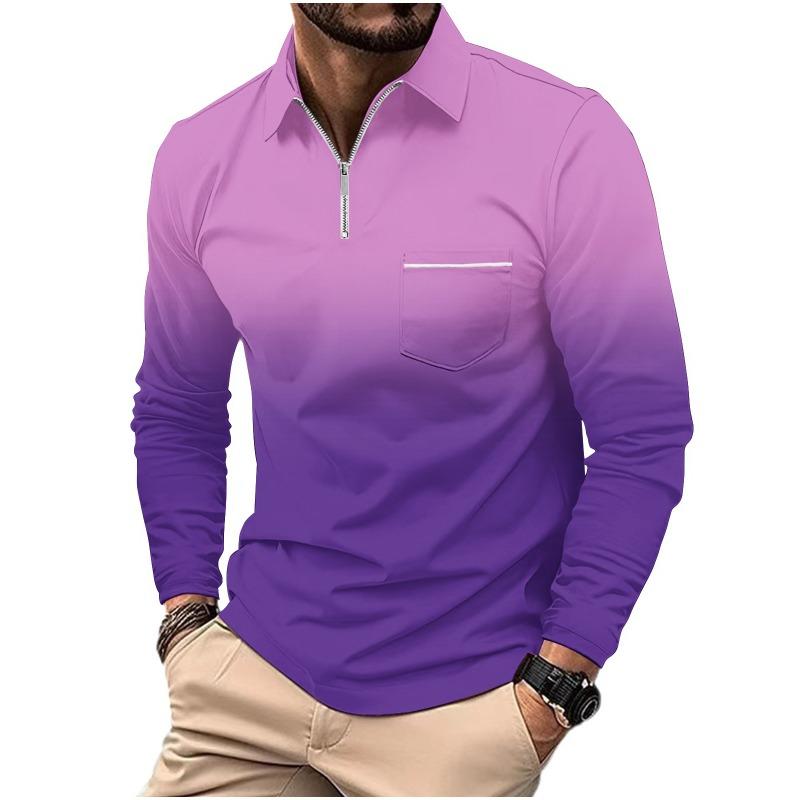 Men's Printed Polo Shirt with Zipper Pocket Sports Long Sleeved Polo Shirt