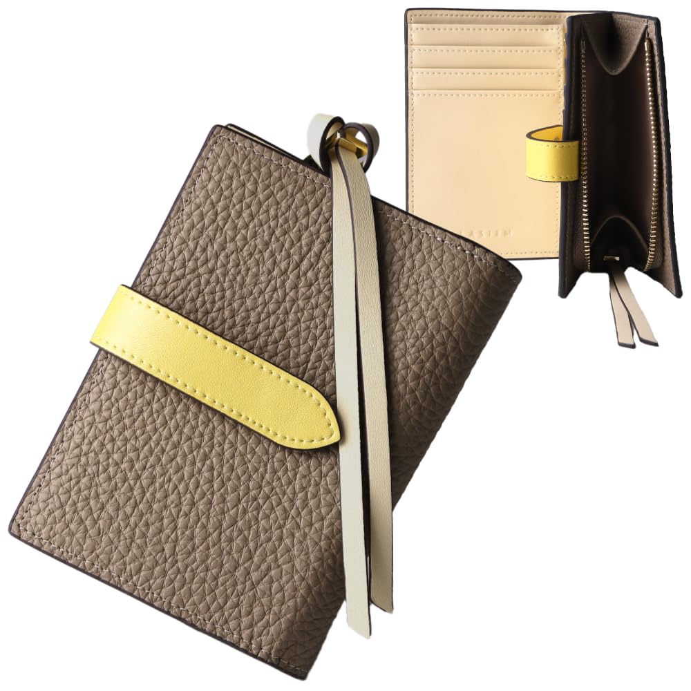 LASIEM Color Scheme X Premium Bifold Compact Mini Small Genuine Skimming Large Greige X Cream Yellow (Lasiemu) [Special Leather] Women's Wallet,