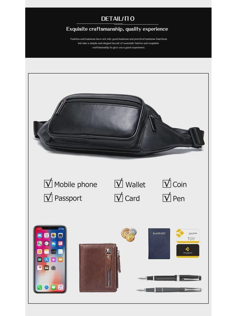 Męska czarna skórzana torba crossbody/nerka ze skóry owczej na outdoor i rekreację 8879