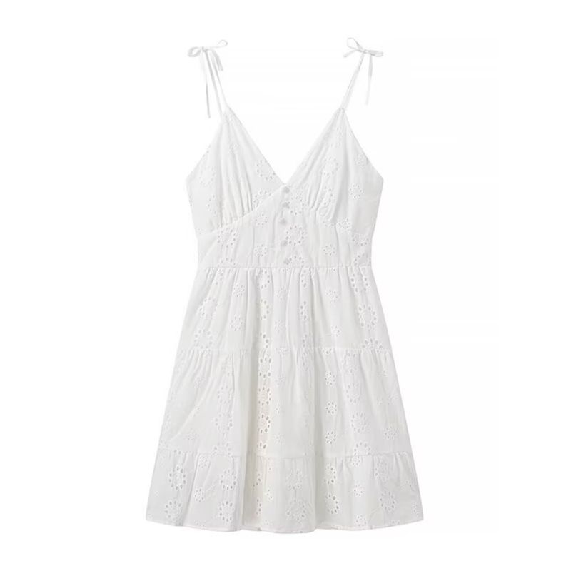 Kaslead New Arrival Women's Clothing Fashion Style Fashion Casual Minimalist Cotton Cloth Embroider V-neck Strap Dress
