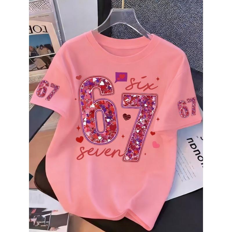 2026 Summer Valentine's Day Exclusive Sequin Print T-Shirt for Girls, Pure Cotton, Crew Neck, Comfortable and Breathable Clothes