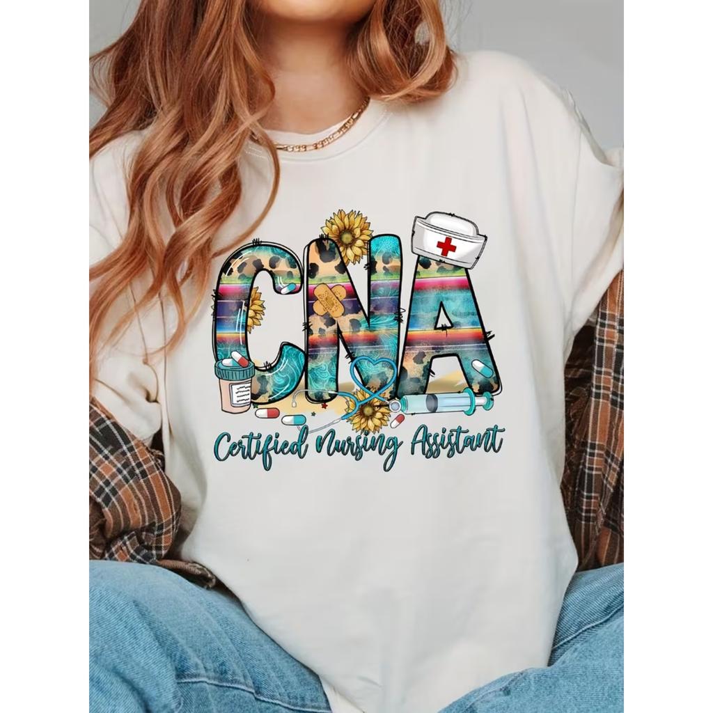 CNA Nurse Print Crew Neck T-shirt, Short Sleeve Casual Top for Summer & Spring, Women's Clothing