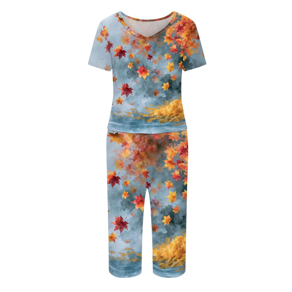 Women's 2 Piece Tracksuit Set Leaf Print Short Sleeve Top and Pants Casual Sportswear