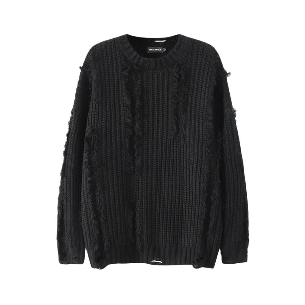 Ripped Tassel Crew Neck Sweater Men's Autumn and Winter American Trendy Brand Niche High Street Lazy Loose Casual Knitted Sweater