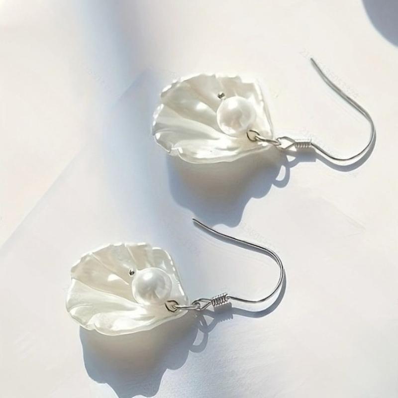 

French Fashion Simple Imitation Pearl Fake Shell Pendant Earrings Ladies Elegant Temperament Daily Hundred with Zircon Gifts