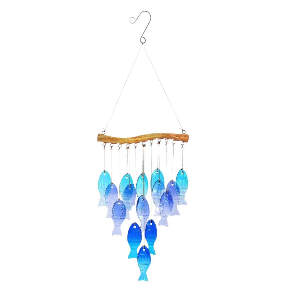 23" Handmade Fish-Shaped Seaside Wind Chime with Blue Beach Glass Ornament