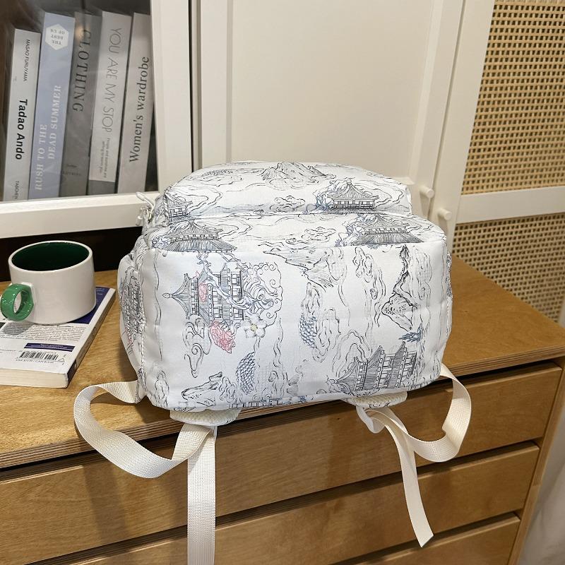 Zaino in Nylon Stampato Paesaggio Stile Cinese con Grande Capacità e Tasche Multiple Adatto per l'Uso Quotidiano e Studentesco Come Zaino Studentesco
