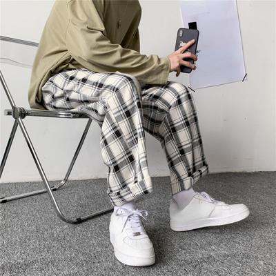 Harajuku Straight Leg Loose Plaid Pants for Man Oversize  Checked Jogger Pants Korean Streetwear Autumn Men Casual Sweatpant