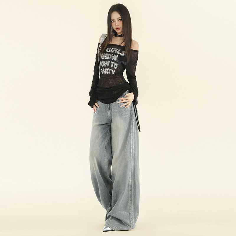 Tencel Retro Hot Stamping Denim Jeans - Women s Washed Distressed Loose Wide Leg Pants for Spring/Summer S