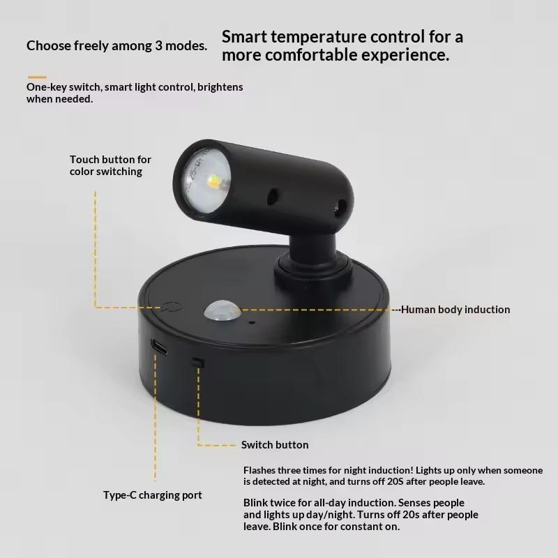 LED Light Magnetic Rechargeable Wall Light Spotlight Wireless No Punch Reading Light With Touch Switch Dimmable Bedside Lamp