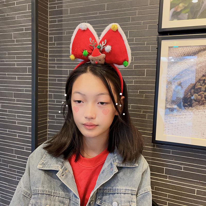 Červená sametová čelenka s mašlí ve tvaru soba - Roztomilý vánoční vlasový doplněk pro dívky