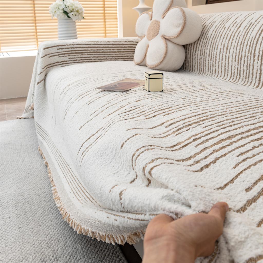 Fluffy Lines Stripes Jacquard Sofa Towel with Tassels, Double-side, for Living Room Camping Picnic Large Blanket Leisure Relax