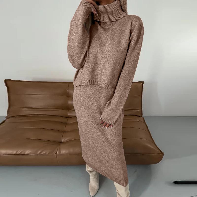 2024 Women's Solid Color Semi-High Neck Knitted Slim-Fit Long Dress Set