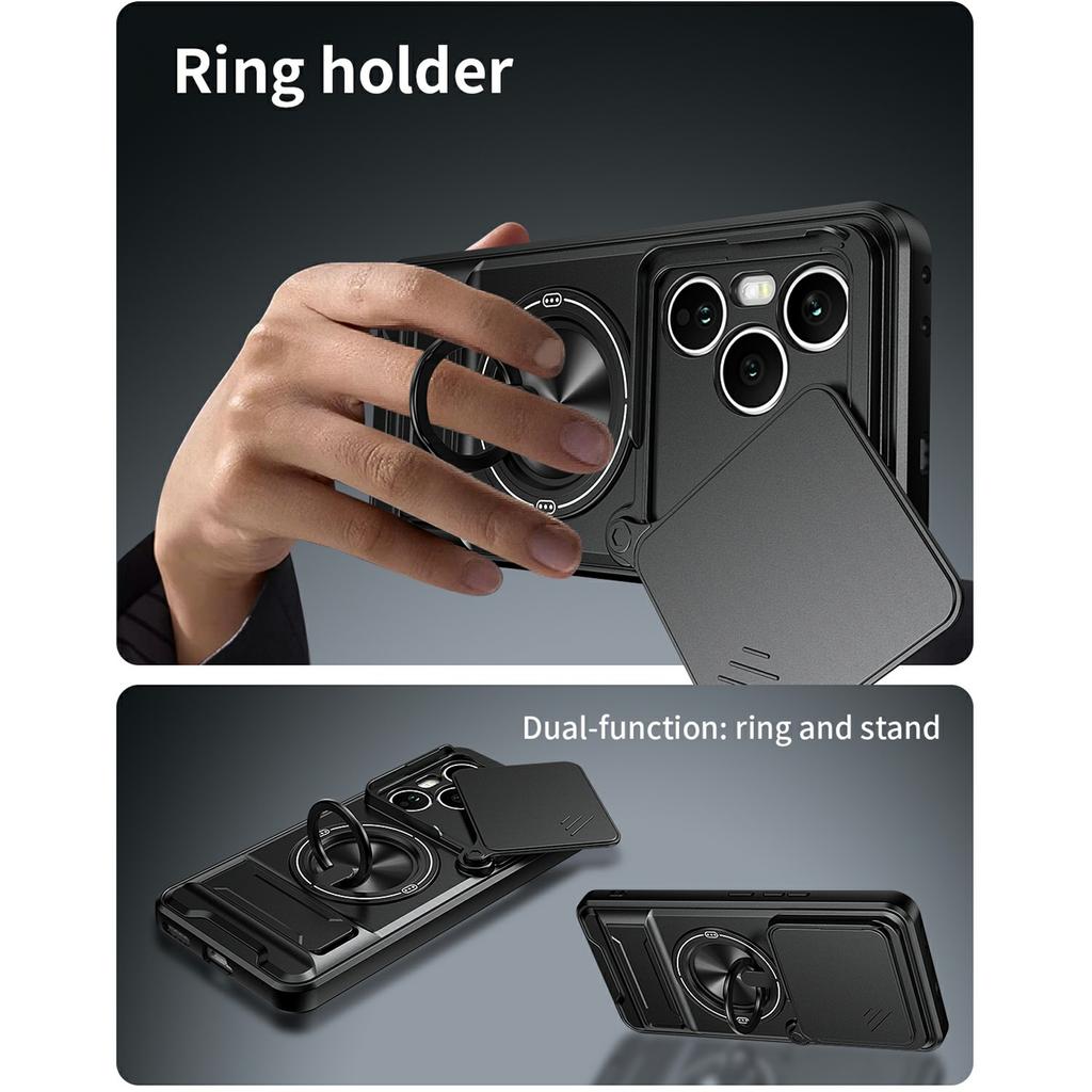 For Honor 400 Pro 5G (Global) Magnetic Case Ring Holder Foldable Kickstand TPU PC Phone Cover with Camera Lens Slider