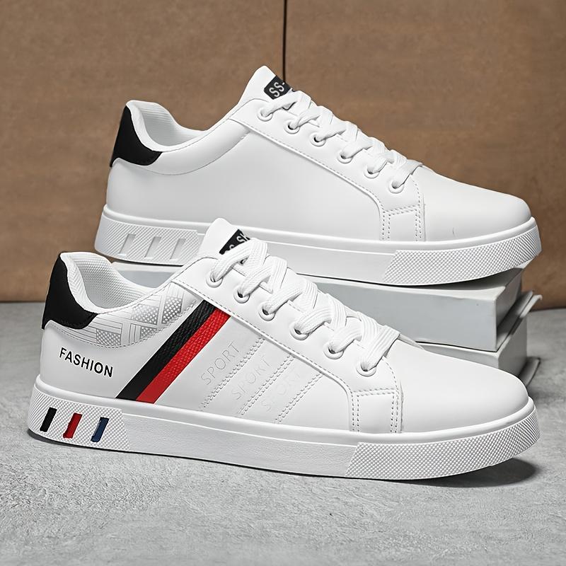 Men's Lace-Up Sneakers - White with Blue & Red Stripe Design, Breathable PU Upper, Durable PVC Sole, Comfortable Casual Shoes for Casual Attire