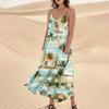 Women's Casual V Neck Hawaiian Print Sleeveless Pocket Suspender Dress