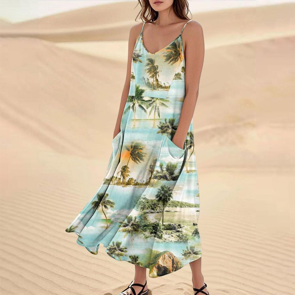 Women's Casual V Neck Hawaiian Print Sleeveless Pocket Suspender Dress