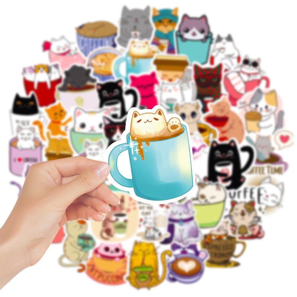 50 PCS Cartoon Hand-painted Cat Coffee Stickers Decals Laptop Mobile Phone Luggage Skateboard iPad Children's Toys Waterproof St
