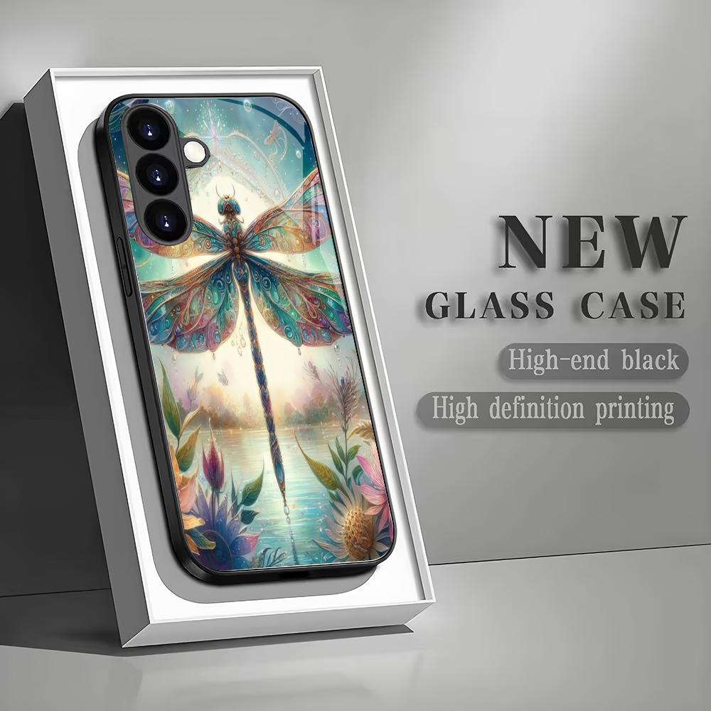 Dragonfly pattern tempered glass phone case suitable for Samsung GalaxyS26 S25 S24 S23 S22 S20FE/Ultra/Plus anti drop back cover