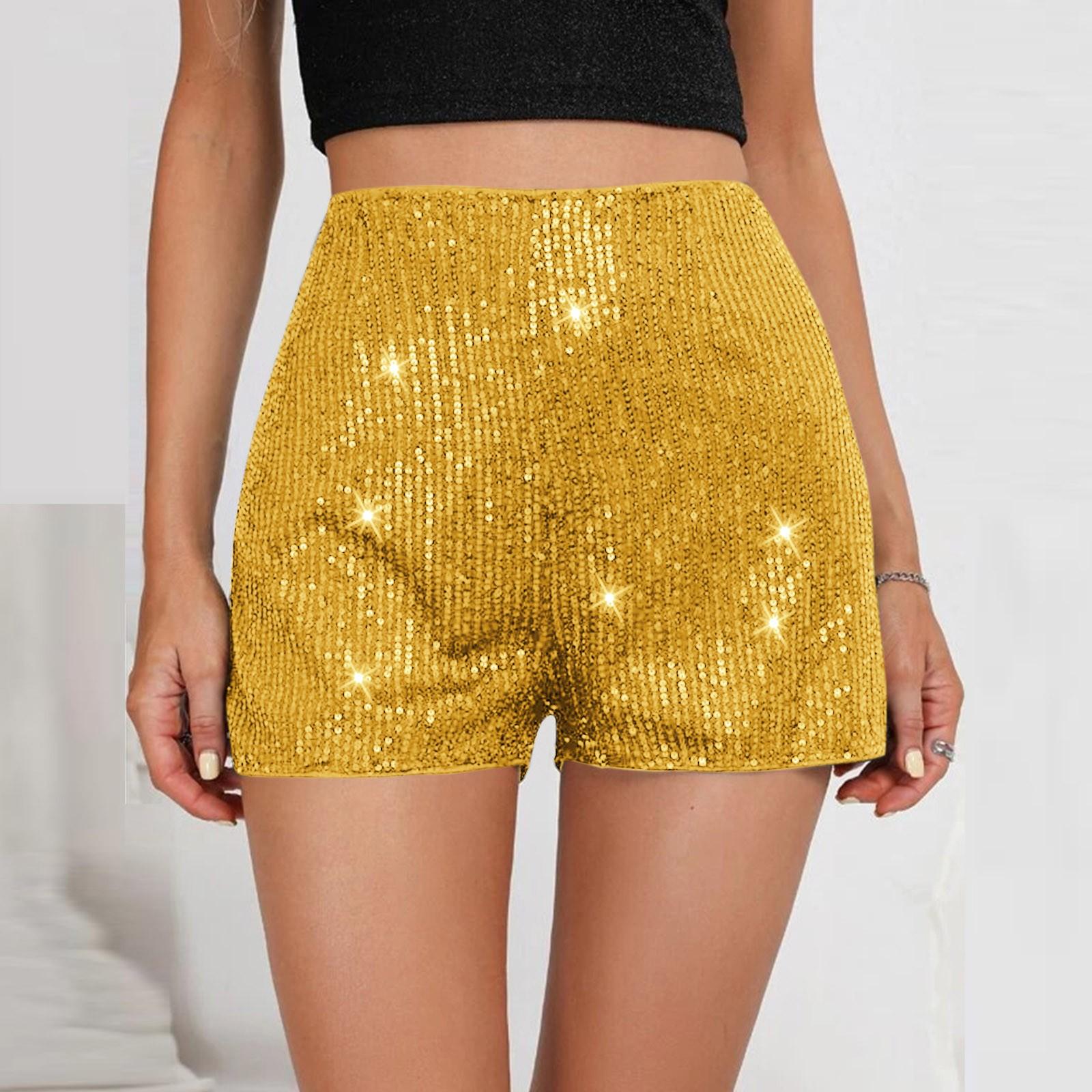 

Женские модные однотонные облегающие шорты с блестками и сексуальные прямые шорты с боковыми молниями M жёлтый