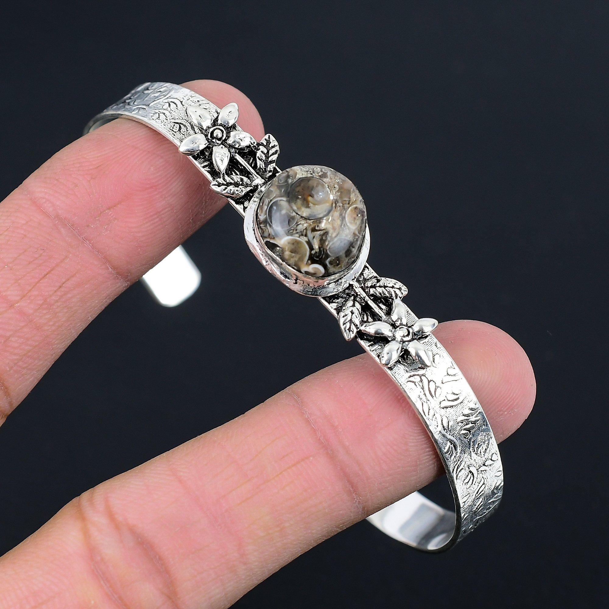 

Womens day Deal Round Natural Turritella Agate 925 Silver Flower Mother Bangle Adjustable