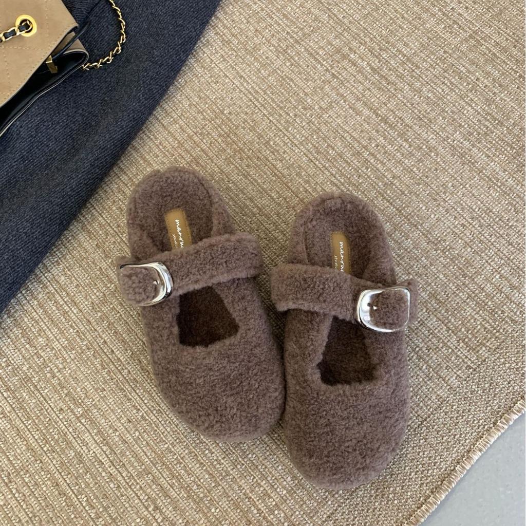 2025 winter new half-mop fluffy shoes for women's outer wear, inner heightening bag head, velvet warm buckle slippers for women