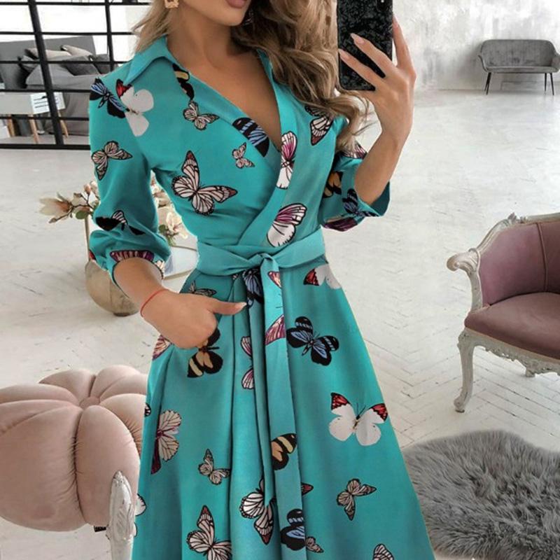 Women's V-Neck Floral Bodycon Dress Long Sleeve Elegant Figure-Hugging Evening Gown