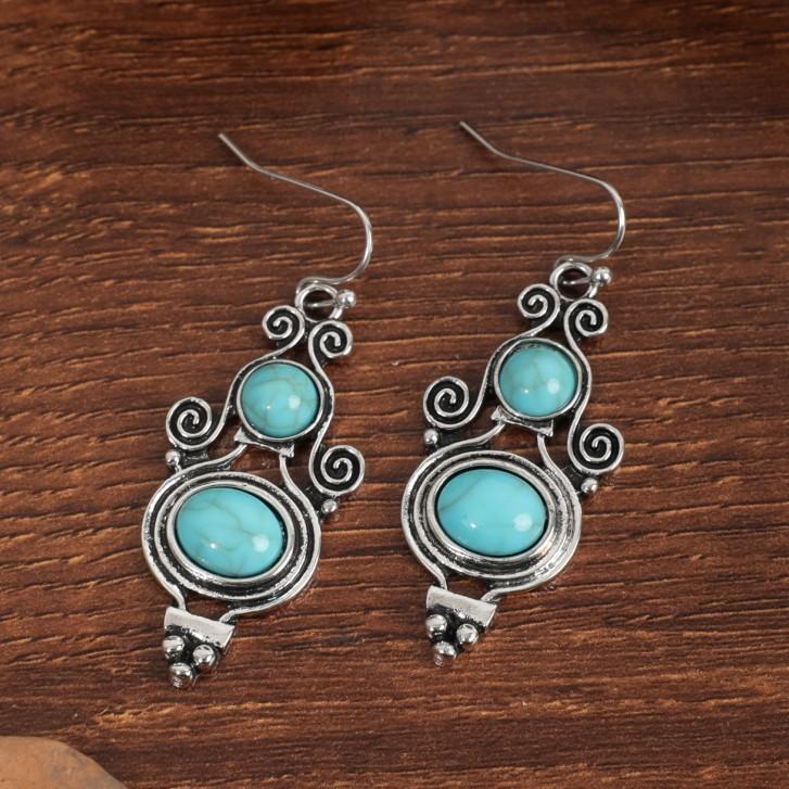 

European, American Bohemian retro ethnic style turquoise earrings women s personality hollow water drop earrings небо синє кольору