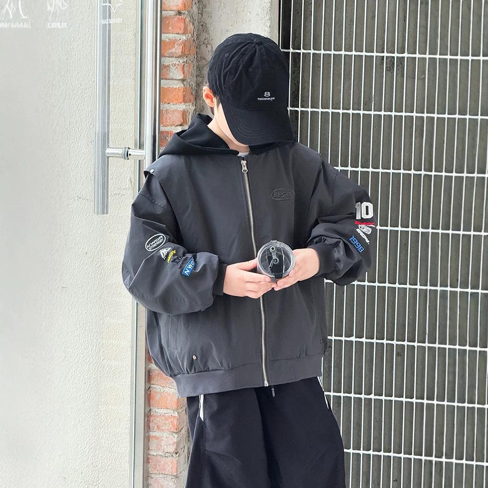 Boys Autumn Fake Two Piece Hooded Jacket For Big Kids