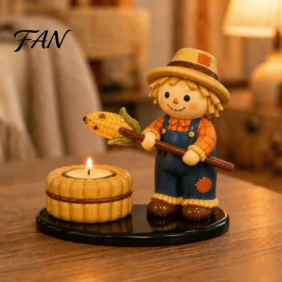 Fall Theme Room Decor Halloween Campfire Tealight Holder, Mummy Ghost Scarecrow Resin Decorative Ornaments Candle Stand for Desk, Harvest Table