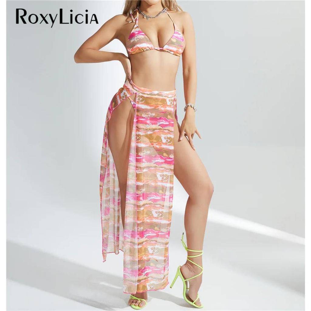 Sexy Printed Halter With Long Skirt Bikini Female Swimsuit Women Swimwear Three-pieces Bikini Set Bather Bathing Suit Swim