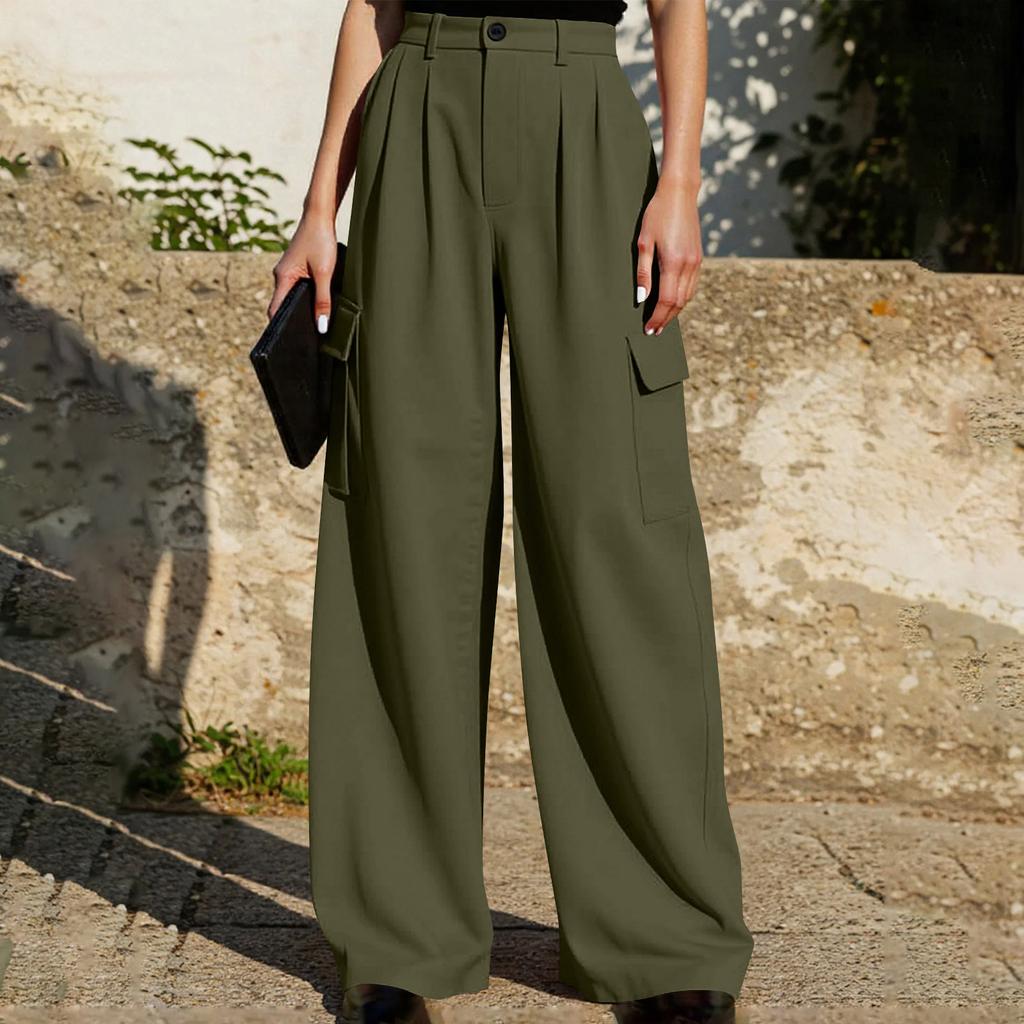 Pantalon Décontracté Large pour Femme Taille Haute Fermeture Boutonnée Poches Style Cargo Coupe Ample Pantalon Convient pour un Usage Quotidien et le Bureau