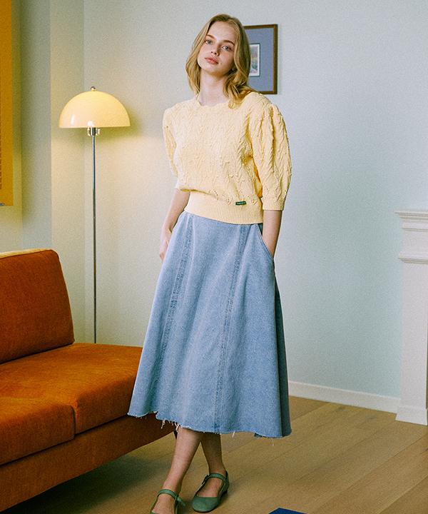 Green Butter Classic Flare Denim Skirt (Light Blue)