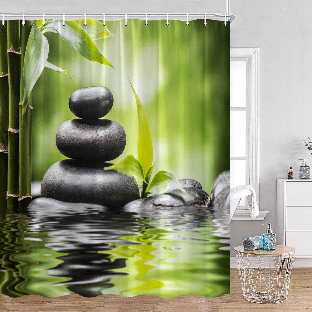 Zen Green Bamboo Shower Curtain Orchid Buddha Meditation Black Stone Candle Stream Plant Bathroom Decor Polyester Bath Curtain