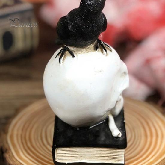 Gothic Skull Figurine Mystical Raven on Statue, Crow Perching Decor with Book, Spooky Halloween Resin Sculpture for Desk Shelf Retro Desktop