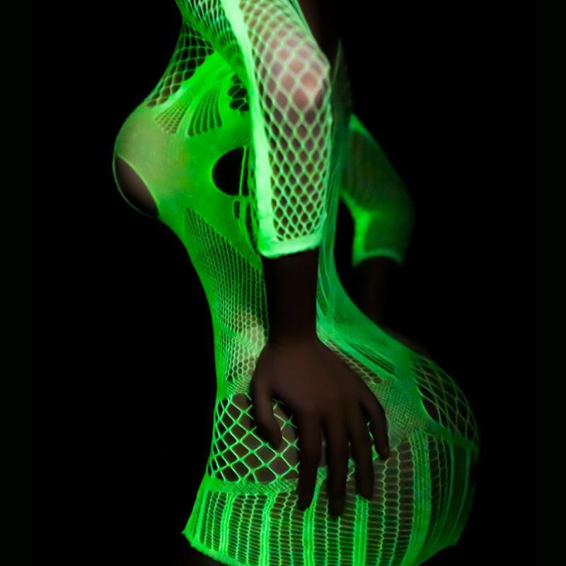 18+ Nachtlicht Erotische Langarm-Wickelnetz-Kleidung Sexy hohle Nachtlicht-Einteilige Socken Offener Schritt Große Netzsocken Fischernetzsocken