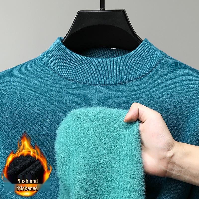 Men's Plush-lined Knit Sweater: Winter Fashion, Thick Warm Mink Velvet, Half-high Collar Knitwear